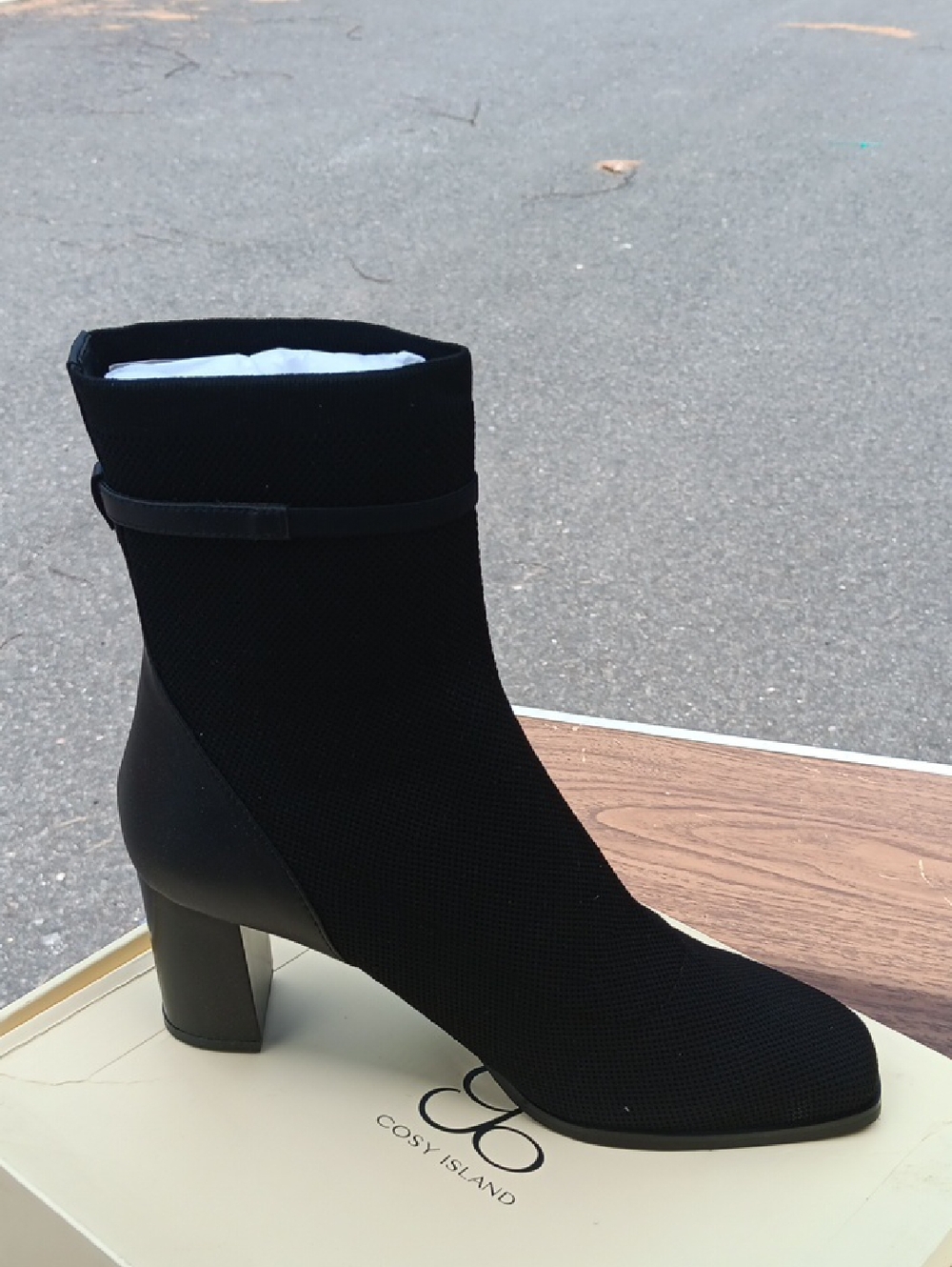 Black Stretch Knit Ankle Boot with Block Heel